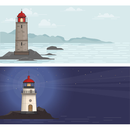 Banners with lighthouse on the rock stones at day and night. Vector illustration in flat styleのイラスト素材