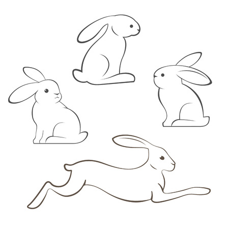 Outline illustration of different poses rabbits and hares on white backgroundのイラスト素材