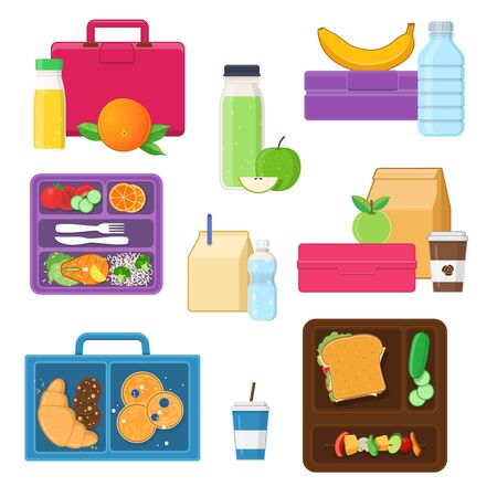 Lunch boxes set with vegetables, fruits, snacks and drinks.のイラスト素材