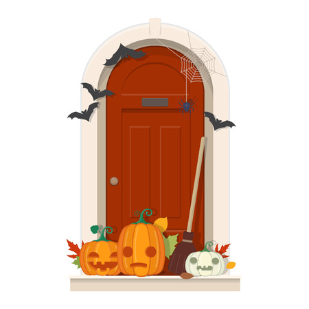 Halloween Door Decorations. Front door with Halloween decorations and pumpkins.のイラスト素材