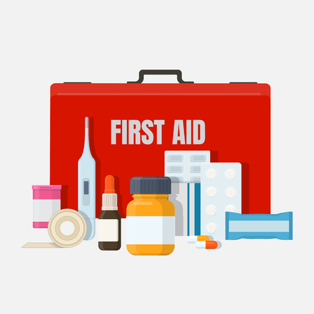 First aid and medical equipment. Flat vector illustration on white backgroundのイラスト素材