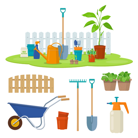 Different gardening equipment and tools against wood fence. Wheelbarrow, watering can, shovel and garden plants in pots. Concept of gardening. Vector illustrationのイラスト素材