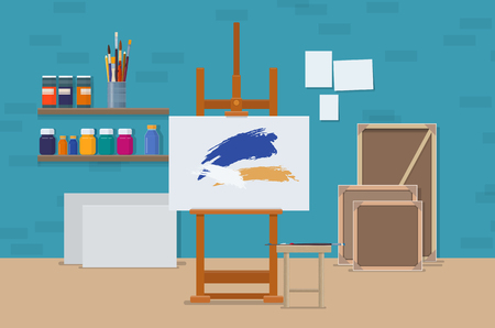 Artist's workshop with artistic tools, easel and canvas. Artists creative space Vector illustrationのイラスト素材