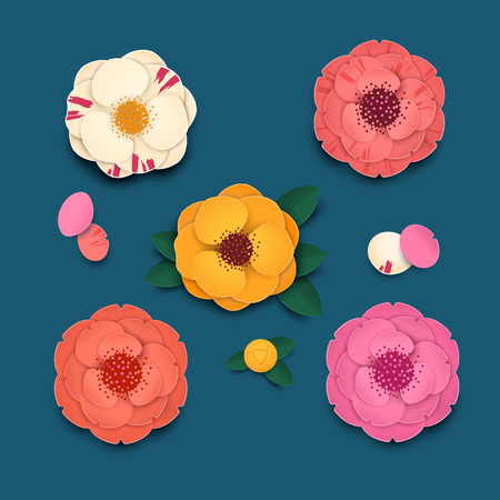 Colored camellia flowers with leaves and petals on blue background. Paper graphic. Vector illustration in paper cut style
のイラスト素材