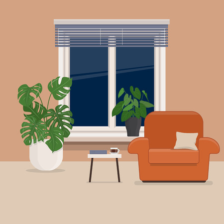 Living room with armchair, house plants and window. Interior space living room. Vector illustrationのイラスト素材