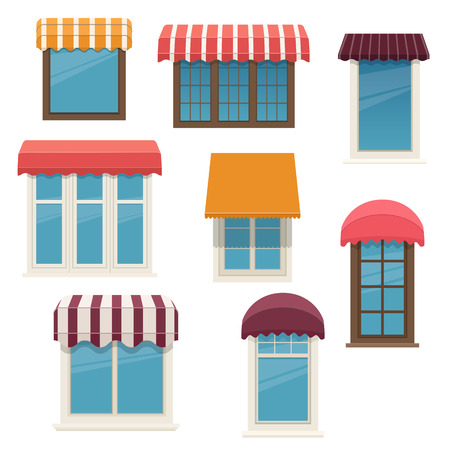 Set of different windows with outside awnings. Architecture elements of the building facades. Vector illustration on white backgroundのイラスト素材