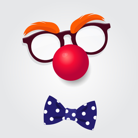 Funny Clown accessories. Clown glasses, red nose and bow tie on white background. Vector illustration of April Fools Day and Carnivalのイラスト素材