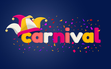 Colorful carnival card with typography design, jester hat and confetti on dark background. Vector illustrationのイラスト素材
