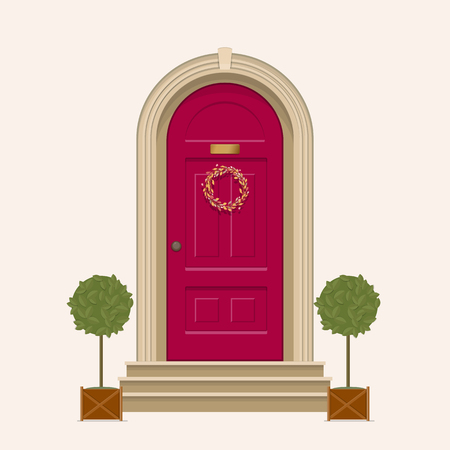 Red front door of house with pot plants. Vector illustrationのイラスト素材