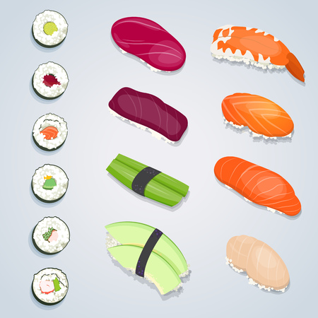 Set of sushi rolls. The different kinds of sushi on gray background. Vector Illustrationのイラスト素材