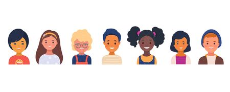 Set of smiling kindergarten kids characters. Preschool children of different races. Little boys and girls cartoon avatars. Vector illustration in flat styleのイラスト素材