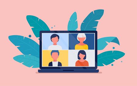 Virtual meeting via video conference on a laptop screen. Conference video call, work at home. Vector flat illustrationのイラスト素材