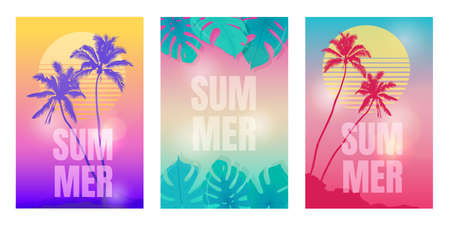 Colored summer backgrounds with palm trees and tropical plants. 
Templates for invitations, cards, banners, etc. Vector Illustrationのイラスト素材