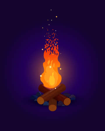 High bonfire with flying sparks on a dark blue background. Bright campfire at night. Vector flat illustrationのイラスト素材