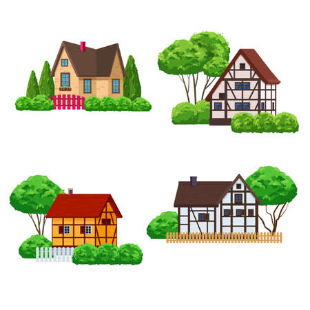 Cozy village houses with front garden, trees and fence. Vector illustrationのイラスト素材