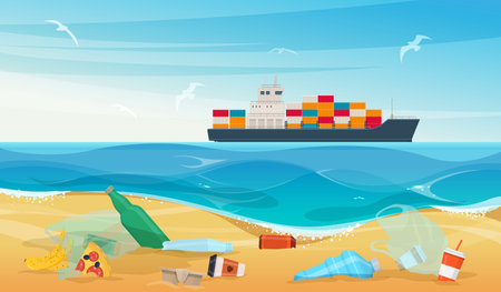 Ocean beach with trash and plastic waste. Plastic bottles, bags, organic waste and other rubbish on the sand. Cargo ship on the horizon. Vector illustrationのイラスト素材