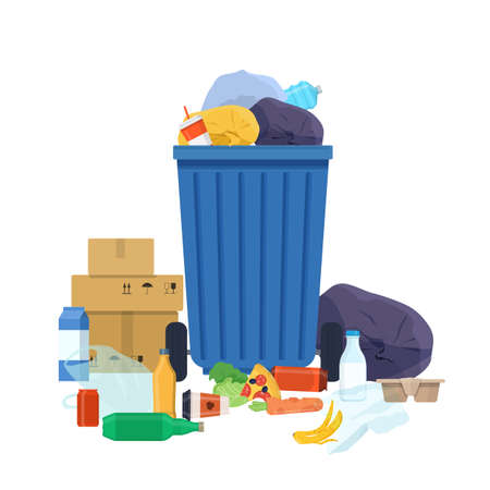 Overflowing garbage bin and various rubbish. Plastic bags, old packaging, bottles, food leftovers and cardboard lie nearby. Vector illustration in flat styleのイラスト素材