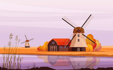 Rural landscape with traditional windmill and barn on the river bank. Autumn countryside background. Vector illustration in flat styleのイラスト素材