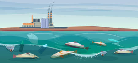 Poisoned dead fish in a dirty river. Plastics waste and toxic chemicals are killing fish. Concept of environmental pollution. Vector illustrationのイラスト素材