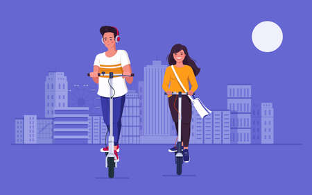 Young man and woman riding electric push scooters on road in city. Eco-friendly transport in a modern city. Vector illustration in flat styleのイラスト素材