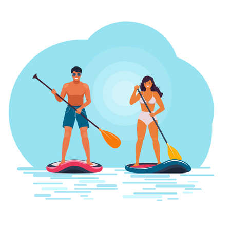 Man and woman stand on a board with a paddle on the water. Young couple are doing watersport. Vector illustrationのイラスト素材