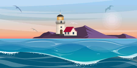 Lighthouse tower and small house on the rocky coast. Beautiful seascape with lighthouse at sunset. Vector illustrationのイラスト素材