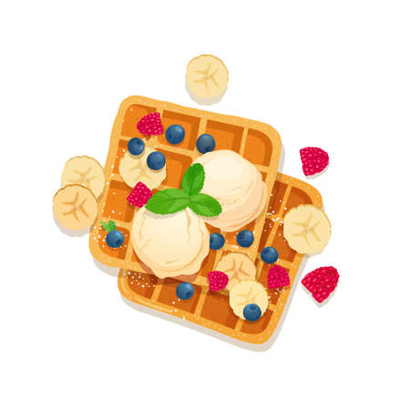 Belgian waffles with ice cream and fruitsのイラスト素材
