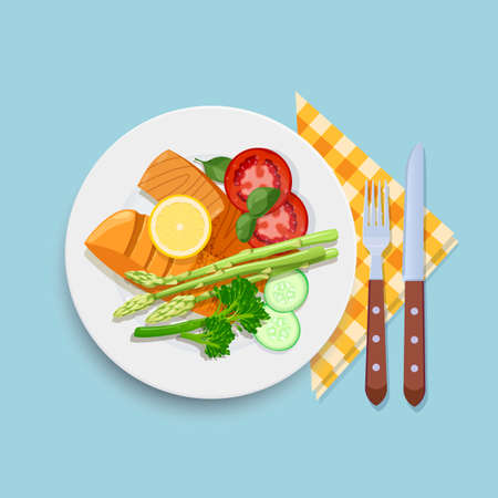 Grilled salmon with vegetables on the plateのイラスト素材