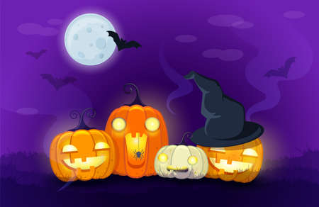 Halloween Pumpkins on night background with batsのイラスト素材