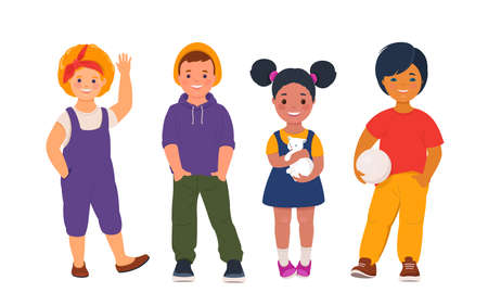 Group of smiling boys and girls in casual clothes and in different poses. Positive emotions. Vector illustration in cartoon styleのイラスト素材