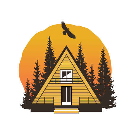 A-frame cabin house in the middle of fir forest at sunset. Rest at nature. Eco tourism concept. Vector illustration in minimalist styleのイラスト素材