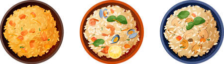 Three plates of risotto with different ingredients. Risotto with pumpkin, mushrooms, shrimps and sea fruits. Top view. Vector illustration on white backgroundのイラスト素材