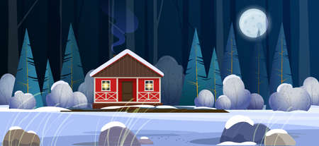 Red house in winter forest at nightのイラスト素材
