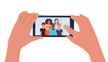 Hands holding smartphone with happy friends on screen . Group of teen girls and guys young friends...