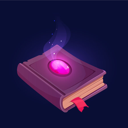 Magic spell book with glowing gemstone and red ribbon bookmark. Fantasy vector illustration on dark backgroundのイラスト素材