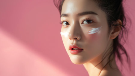 Beautiful young Asian woman with cosmetic cream on her face isolated on pink.の素材