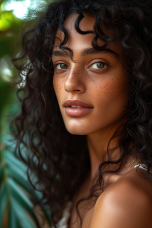 Close up portrait of a beautiful mixed race woman with curly hair.の素材