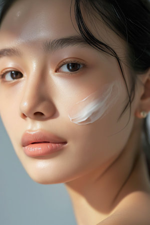 Close up of an Asian woman with cosmetic cream on her face. Beauty and skin care concept.の素材