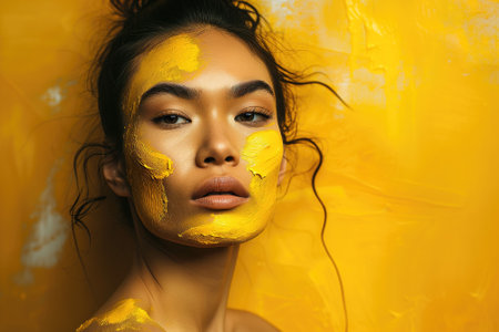 A young Asian woman with yellow facepaint in front of a yellow wall. Conceptual photography.の素材