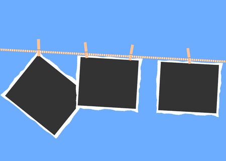 Torn photos hanging on a rope with clothespins on a blue background.のイラスト素材