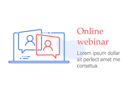Webinar online course, distant education, video lecture, internet group conference, training test, work from home, easy communication, vector line icon.のイラスト素材