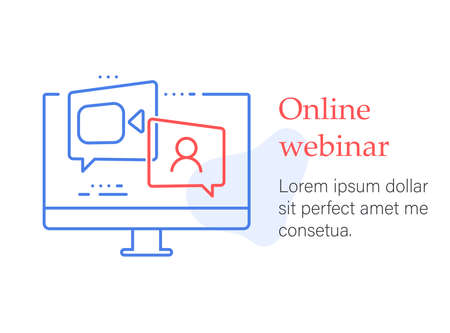 Webinar online course, distant education, video lecture, internet group conference, training test, work from home, easy communication, vector line icon.のイラスト素材