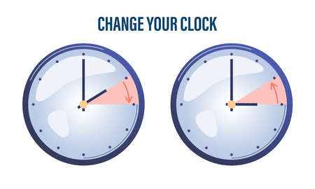 Change your clock. The hand of the clocks turning to winter and summer time. Vector illustration in...