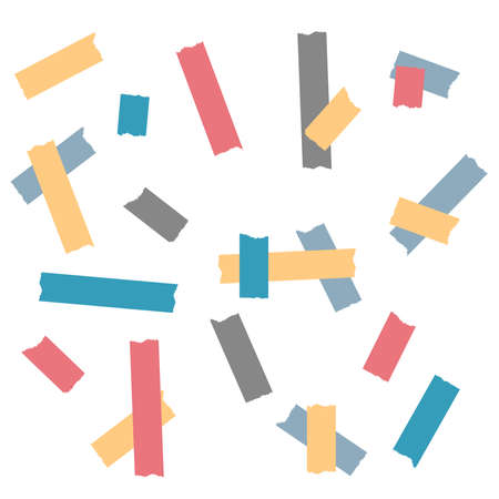 Adhesive tape, sticky paper stripes. Colorful stripes and pieces of duct paper or scotch. Transparent duct tape in different shapes.のイラスト素材