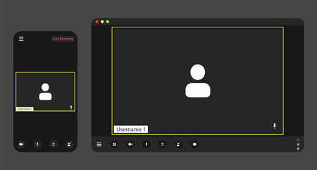 Template video conference user interface on realistic phone and tablet, video conference calls window overlay. Two usersのイラスト素材