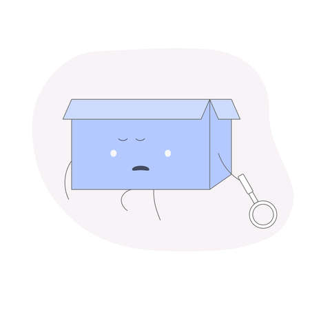 Page or file not found, connection error. A sad box character walks with a magnifying glass in his handのイラスト素材