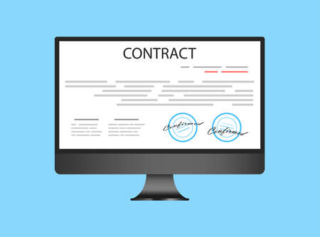 Electronic contract or digital signature concept in vector illustration. Online e-contract document sign via desktop PC. Website or webpage layout template.のイラスト素材