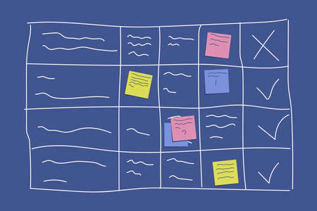 Planning board concept with sticking colorful papers and writing tasks on blue board isolated on...