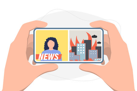 Breaking news. Reporter reports on a fire in the city.のイラスト素材