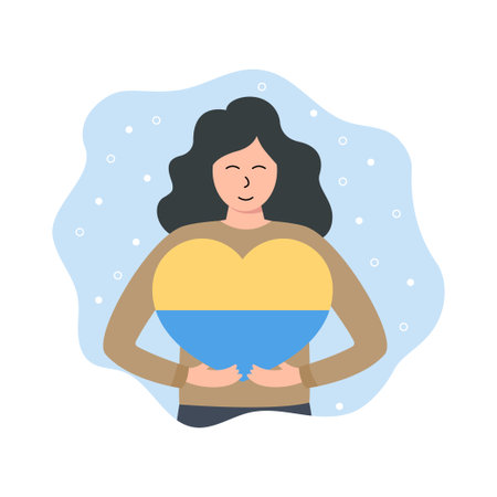 Woman holding Ukrainian heart. Donating and volunteering concept. Vector illustration in flat cartoon styleのイラスト素材